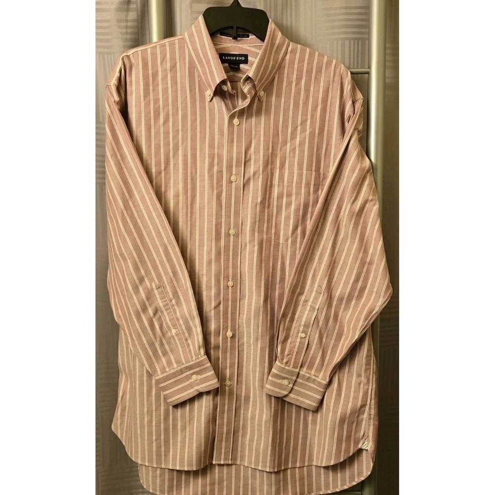 Lands End Mens 16.5-32 No Iron Supima Cotton Dress Shirt Traditional Fit Striped